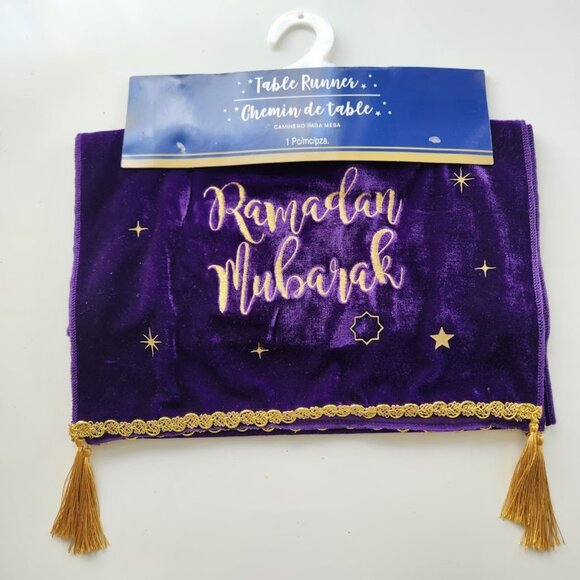 NEW Ramadan Mubarak Velvet Table Runner Eid Decor Decoration Purple with Gold Ta - Picture 1 of 10
